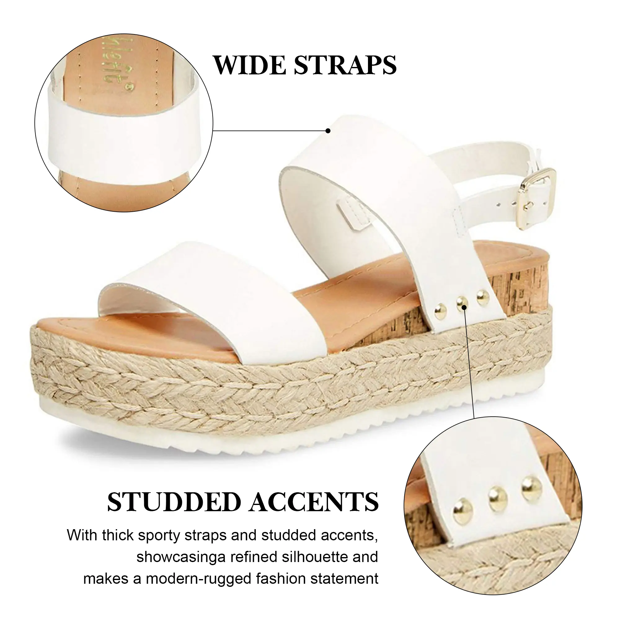 Women's Espadrilles Sandals Ankle Strap Buckle Wedge Sandal Open Toe Studded Platform Sandals