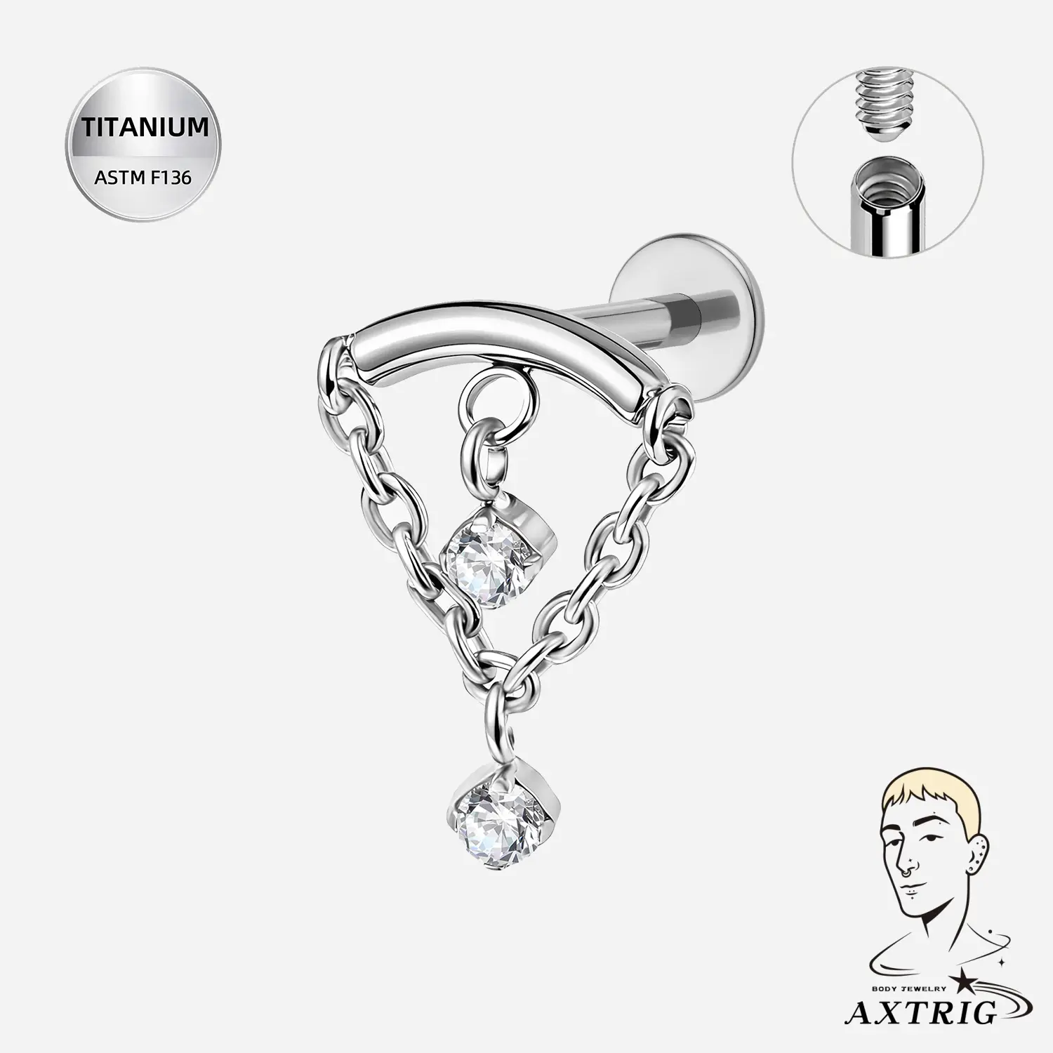 titanium 16G ASTM F136 CZ Chain Dangle Internally Threaded Flat Back Stud piercing
