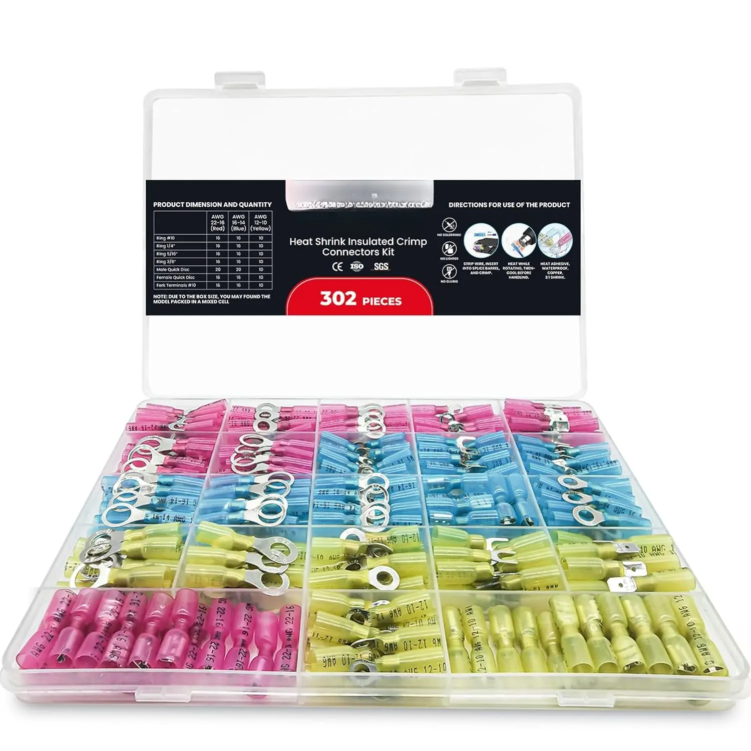 302 count Heat Shrink Wiring Connectors Kits, Eletrical Wire Terminals, Crimp Insulated Connector Assortment- Ring Fork Spade Splices, , for Marine, Automotive, 21Size, 16-14 22-18 12-10 Gauge