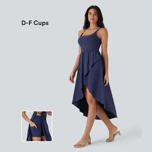 Halara Breezeful Backless High Low 2-Piece Flowy Midi Quick Dry Casual Dress with Side Pocket-D/DD/DDD/F Cups