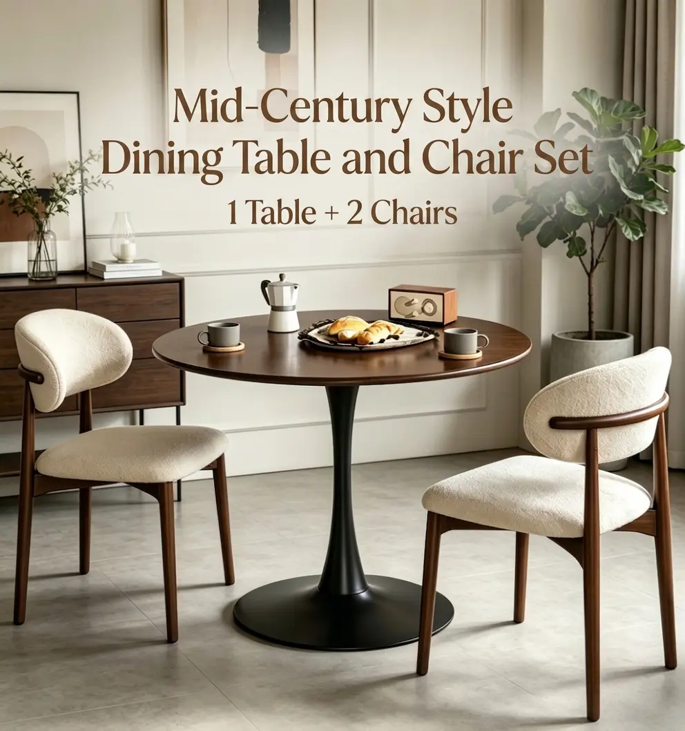 [2 Packages] Mid-Century Modern 3-Piece Indoor Dining Set, Round Dining Room Table with 2 Cushioned Linen Chairs, Space-Saving Breakfast Nook Furniture for Apartments, Walnut & Beige