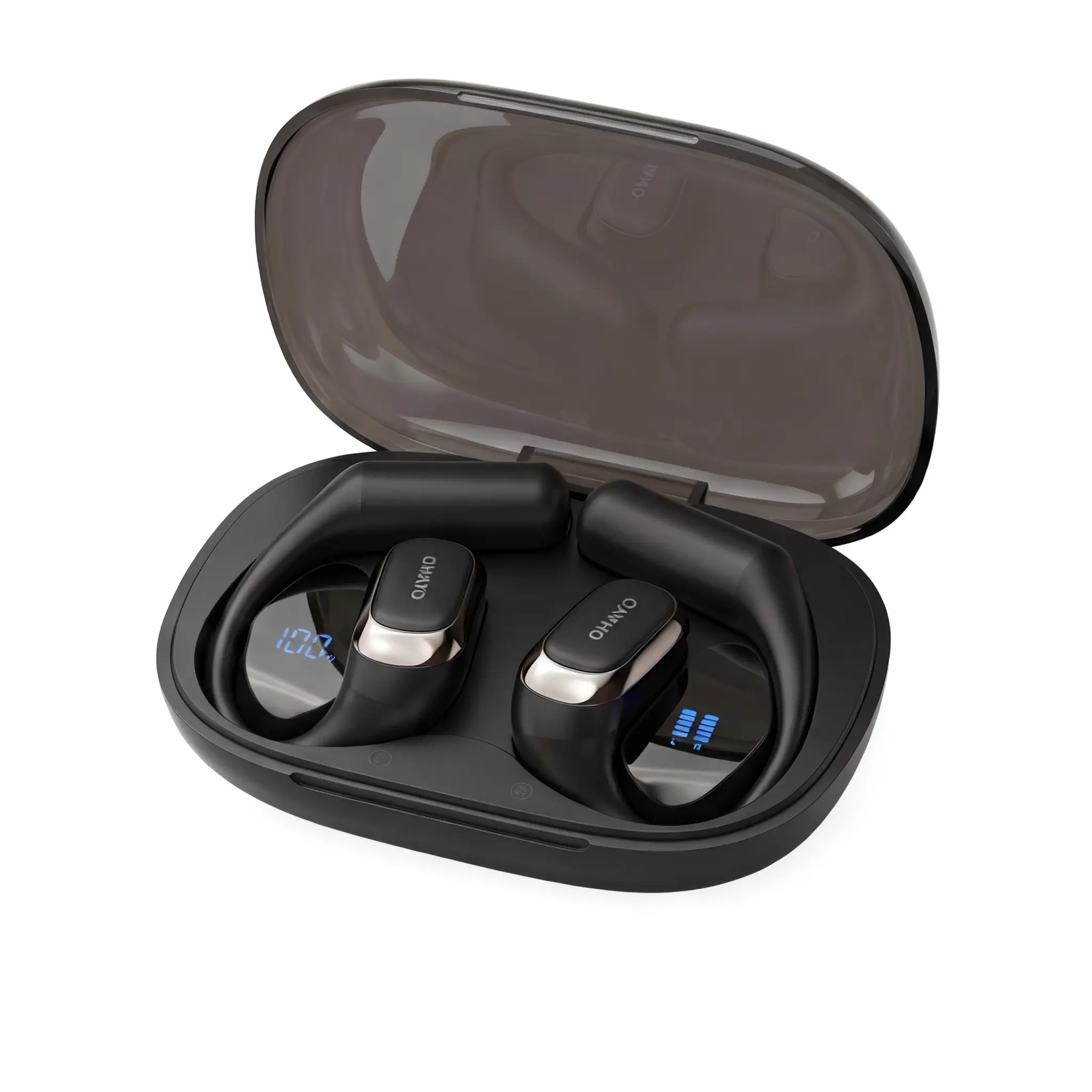 OHAYO Open Ear Headphones, Ultra Lightweight Ergonomic Earhook Earbuds, Bluetooth 5.4 Headphones with HiFi Stereo & Clear Calls, Smart Digital Display, 40H Playtime, IP55 Waterproof Sweatproof, Touch Control for Sports Running Gym Workout