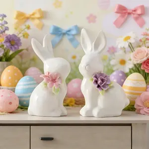 Rabbit Figurines, Decorative Figurines, Ceramic Rabbit Statues, Adorable Rabbit and Flower Sculptures, Perfect for Easter Party Decorations, Entryway Decorations, and as Gifts; Ideal for Spring Home Decor, Holiday Decorations