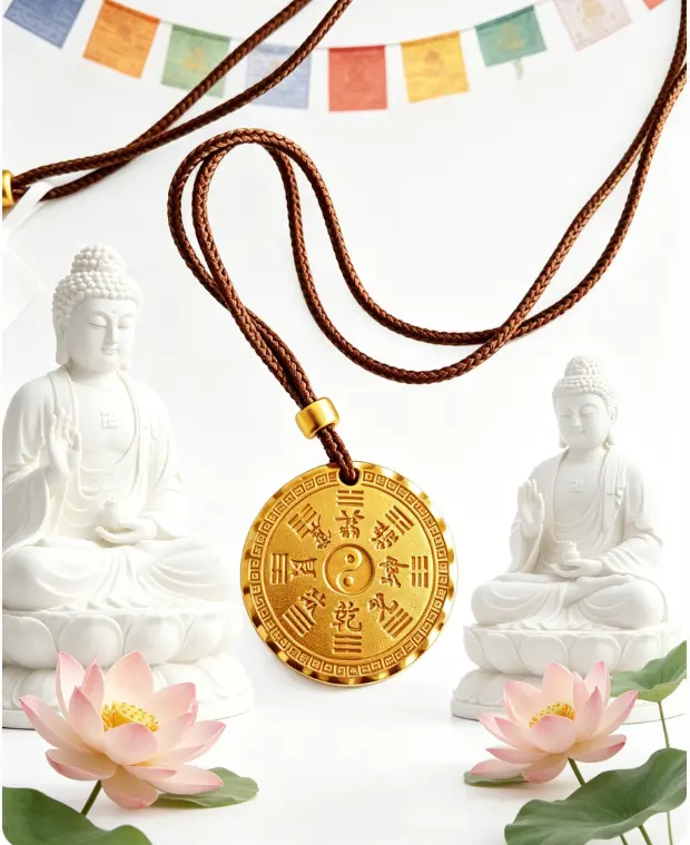 Traditional Taoist Shan Gui Coin Amulet, Solid 18K Gold Plated Yin Yang Talisman Pendant