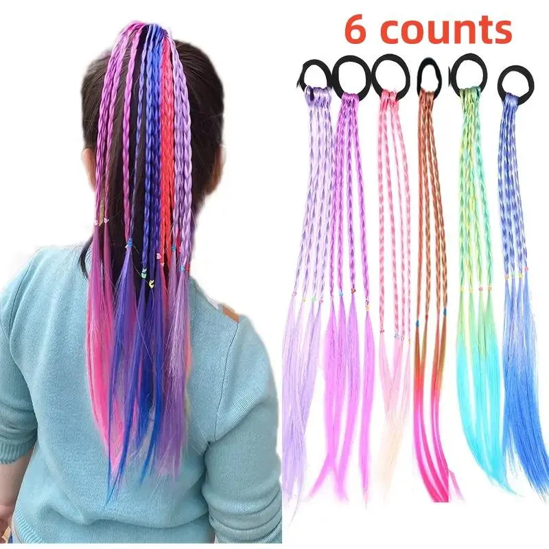 Colorful Braided Hair Ties, 6-Count Set Hair Extensions with Rubber Bands, Mixed-Color Hairpiece, Heatless Styling Tools for Women & Girls, Faux Locs Braids, Sister Locs Extension, Synthetic Hairpieces