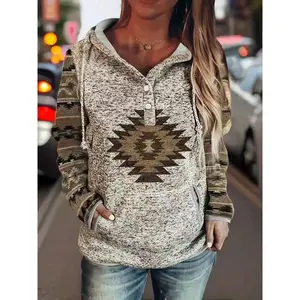 Women's Western ethnic print hooded sweatshirt, retro geometric pattern front button pullover, machine washable, all season casual long sleeved top, suitable for daily and formal clothingRAIMENTRY