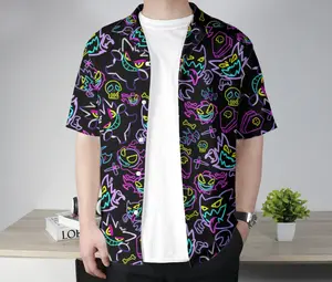 Gengar Hawaiian Shirt Tropical Button Up Shirt Summer Hawaiian Short Unisex Hawaii Set Neon Gengar Shirt Gifts Casual Cotton Wool Polyester Blend Four-Way Stretch Machine Washable