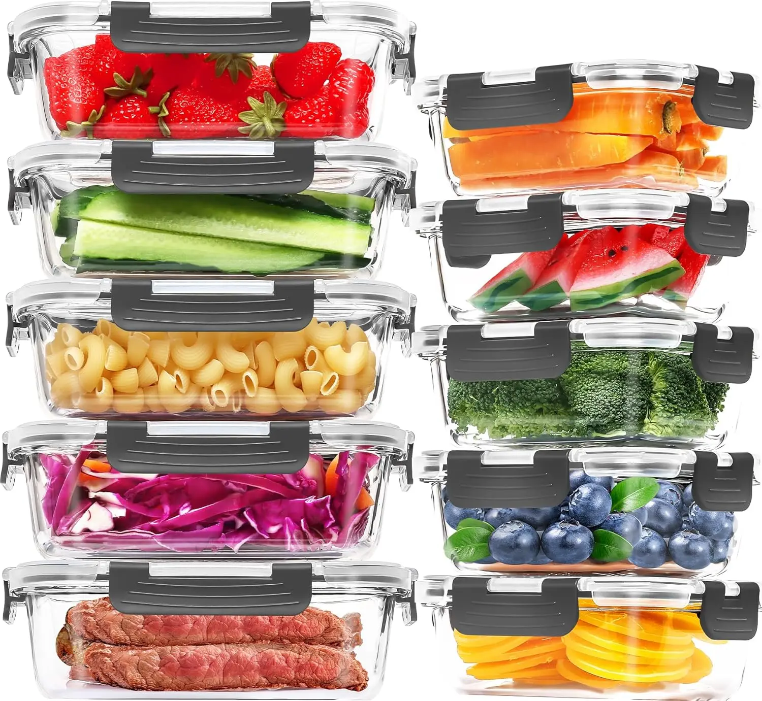 AISOON 10-Pack Borosilicate Glass Meal Prep Containers (5x13oz + 5x36oz) with Stackable Airtight Snap-Locking Lids - Leak Proof Container, Food-Safe, Non-Porous, Hygienic, Microwavable, Oven/Freezer/Dishwasher-Safe Kitchen Storage, Oven-Safe