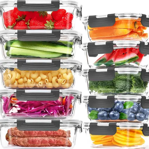 AISOON 10-Pack Durable Borosilicate Glass Meal Prep Jar Set (5x13oz + 5x36oz) with Stackable Airtight Snap-Locking Lids - Leak Proof Container, Oven-Safe Glass, Non-Porous, Hygienic, Microwavable, Freezer/Dishwasher-Safe Jar Set Food Storage