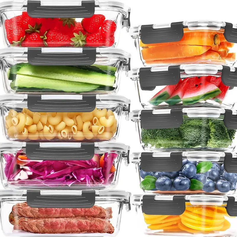 AISOON 10-Pack Durable Borosilicate Glass Meal Prep Jar Set (5x13oz + 5x36oz) with Stackable Airtight Snap-Locking Lids - Leak Proof Container, Oven-Safe Glass, Non-Porous, Hygienic, Microwavable, Freezer/Dishwasher-Safe Jar Set Food Storage