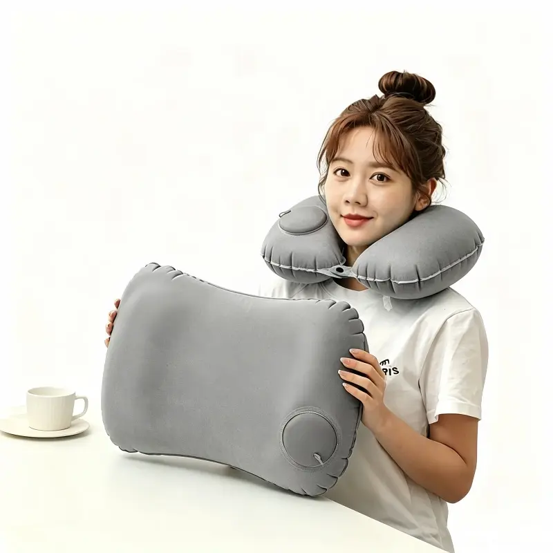 2PCS Inflatable Travel Pillow Set - U-Shaped Neck Pillow + Lumbar Support Cushion, 100% Pure Comfort, Press-to-Inflate, Foldable & Portable, Perfect for Airplane, Car, Train, Road Trips & Office Naps, Grey