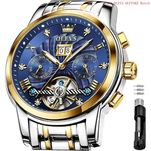 Brand OLEVS Watch for Men Automatic Skeleton Tourbillon Mechanical Self Winding Business Luxury Dual Calendar Stainless Steel Luminous Waterproof Man Wrist Watches Blue Dial