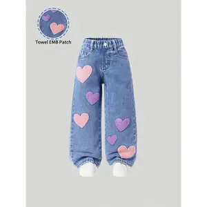 Faux Denim Pants for Girls RW5654614 Featuring Heart-Shaped Towel Embroidery and Patch Decorations Loose Straight Fit Elastic Waistband Soft Comfortable Fabric Perfect for Everyday Outfits