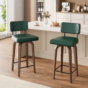 Swivel Bar Stools Set of 2, 26" Upholstered Counter Height Bar Stools with Back and Walnut Wood Legs, Mid Century Bar Chair Island Stool for Kitchen Counter, Faux Leather Barstools, Green/Brown/Black/White
