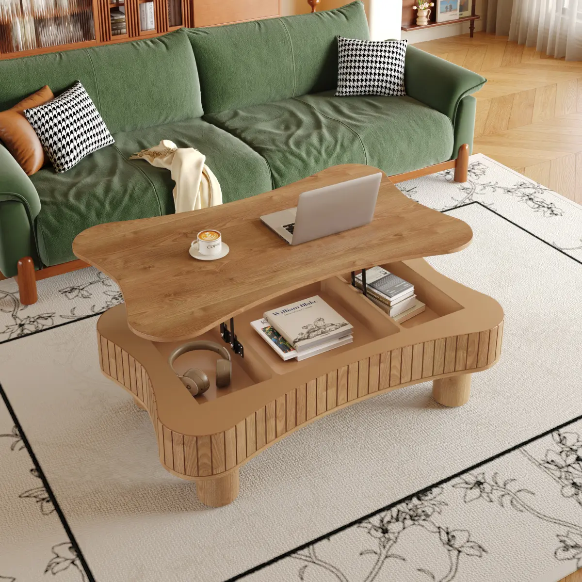 Modern Coffee Table (42x27in) for Living Room - Fluted Sides, Hidden Storage, Silent Hydraulic Lift, Curved Edges, Rustic Charm, Pre-Drilled Legs, 5-Min Tool-Free Assembly (13-18.9in H, Light Brown) + Pink LED Tall Nightstand with Bookshelf, Coffee Tables