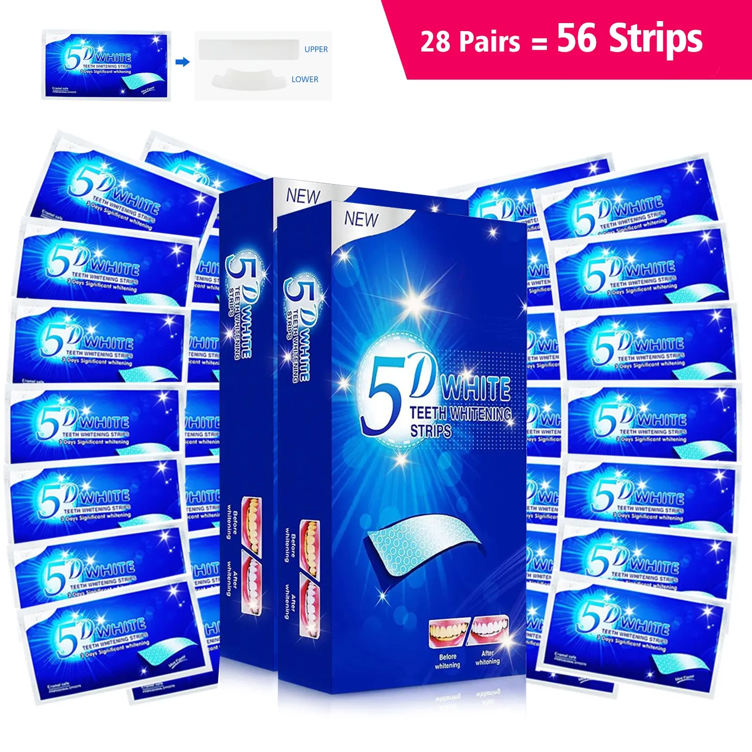 5D Teeth Whitening Strips for Sensitive Teeth, 7/14/28 Pairs, Low Allergy, Effective Coffee Stain Remover, Oral Care Benefits