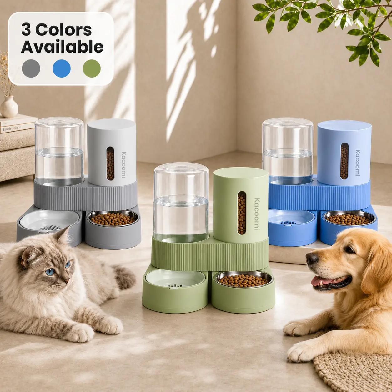 Kacoomi 2-Pack Gravity Food Feeders and Water Dispenser Set for Cats - 2.4L Water, 88oz Food, Large-Capacity Stainless Steel Bowl for Small Dogs, Automatic Gravity Feeder