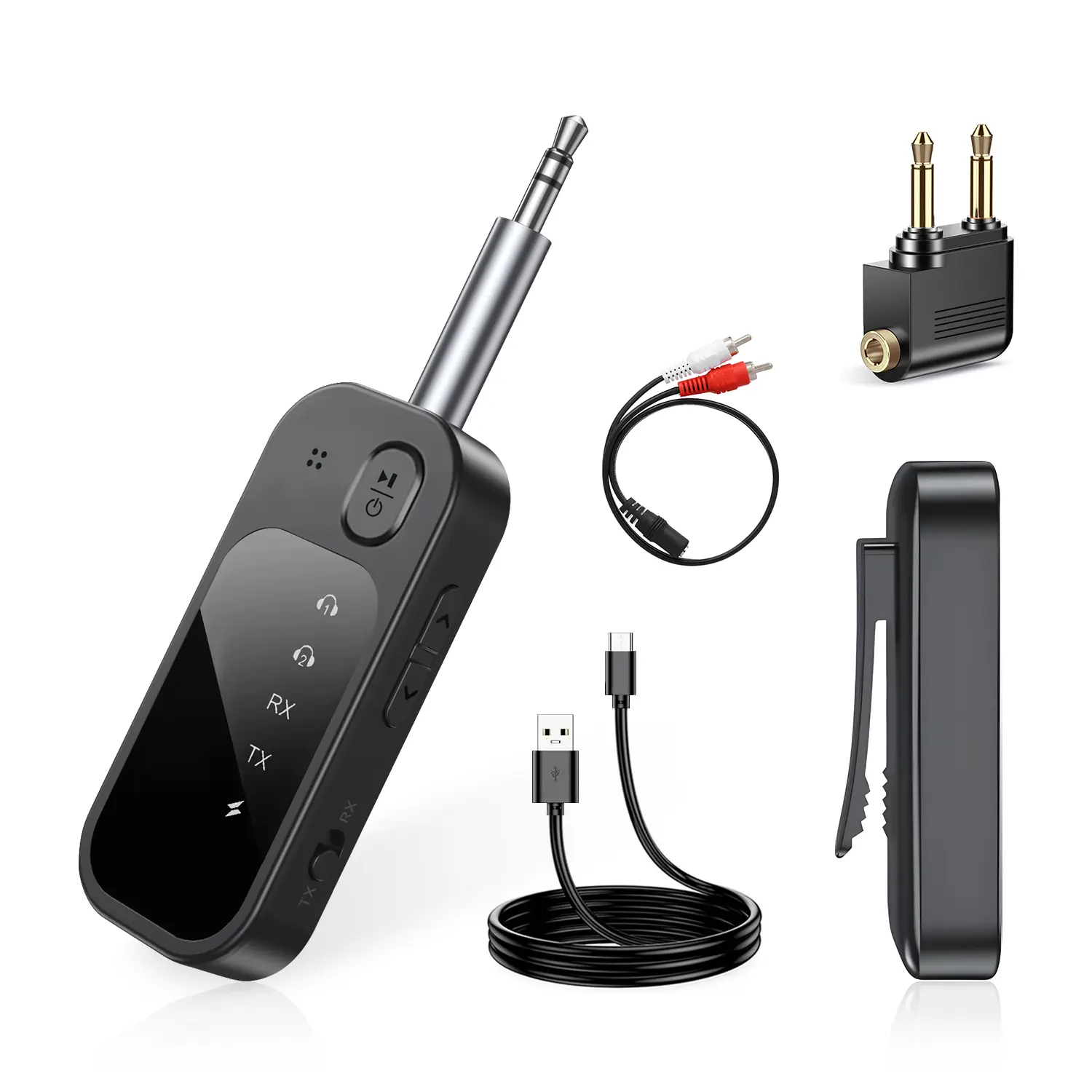 Bluetooth 5.4 Transmitter Receiver 2-in-1 Airplane Wireless Adapter for Flight Supports 2 AirPods Headphones Low Latency TF Card Aux Adapter for Airplane TV Car Gym