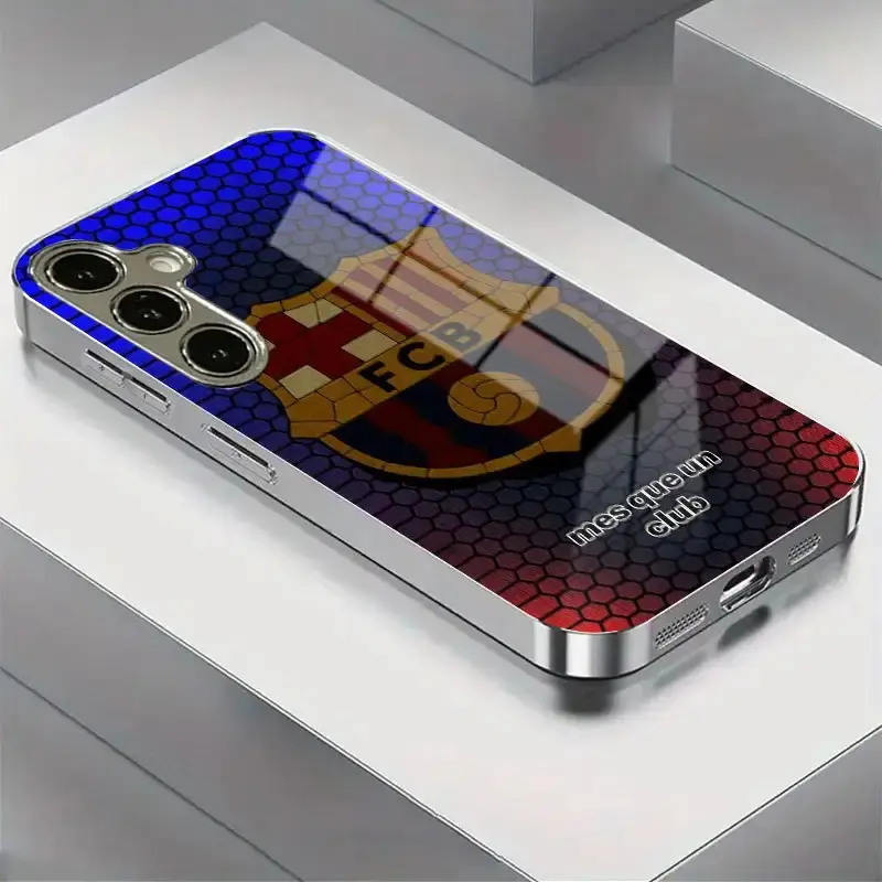 Barcelona Team Emblem Colorful Wallpaper Pattern Electroplated Glass Smartphone Casing - Anti-Dirt, Fashionable for Samsung S25,S24,S23,S22,S21,S20,Note20,Note10,A55,A54,A53,A52,A36,A35,A33,A23,A15,A14,A13,A05 Handheld Cellphone Devices, Accessories