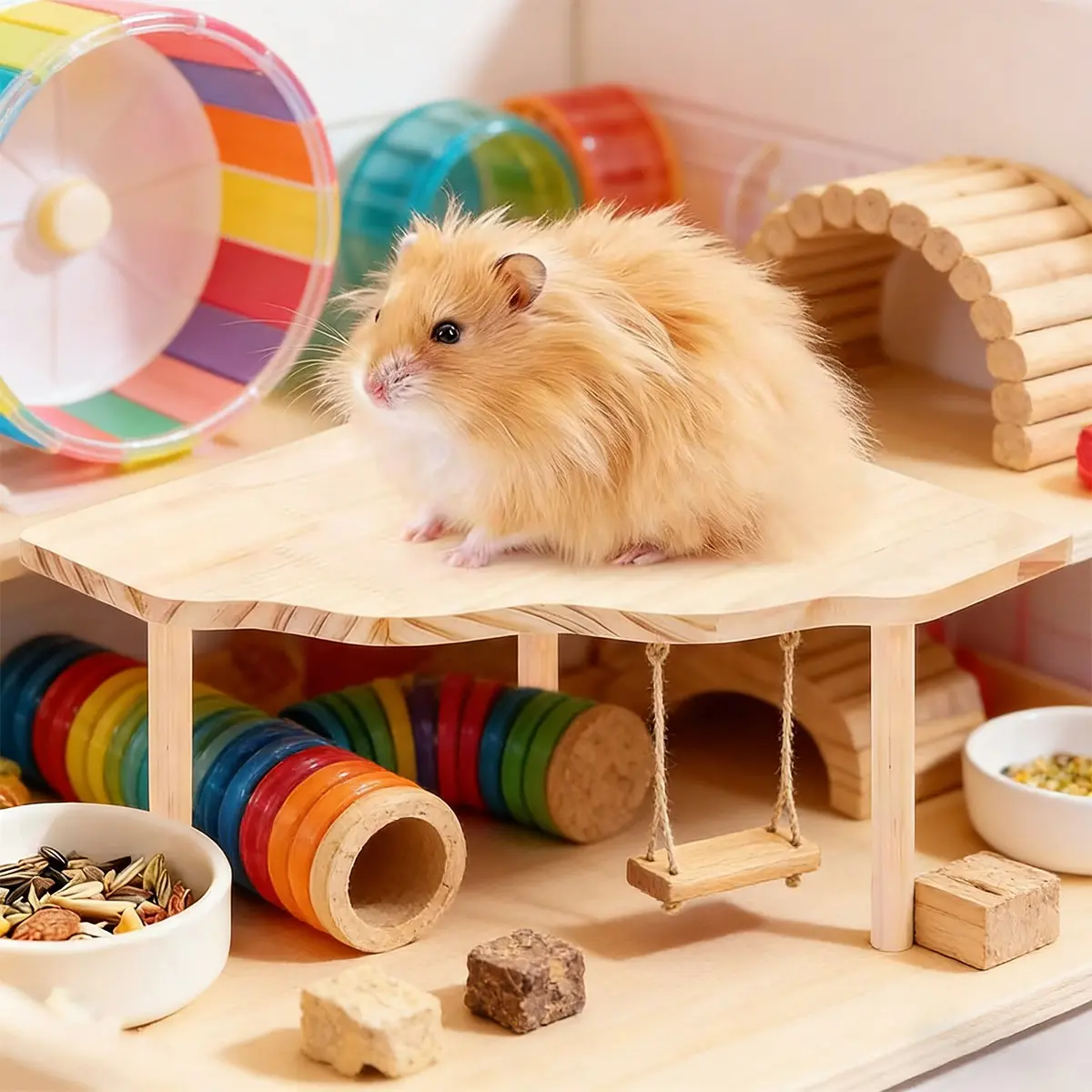 Wooden Hamster Platform, Hamster Toy Set, Two-Layer Scenery Table with Stairs Hideout House, Multi-Functional Small Pet Toys, Hamster Cage Habitat, Hamster Hides, Hamster Cage Accessories