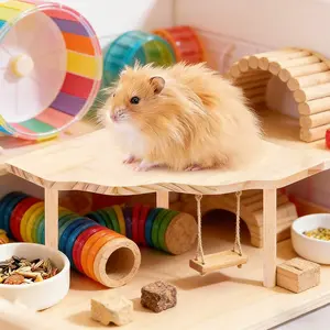 Wooden Hamster Platform, Hamster Toy Set, Two-Layer Scenery Table with Stairs Hideout House, Multi-Functional Small Pet Toys