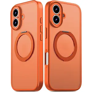 For iPhone 16 Case Upgraded 360° Spin Magnetic Stand, Compatible with Magsafe, Military Protection, Full Camera Protection, Translucent Matte Phone Case for iPhone 16 Orange