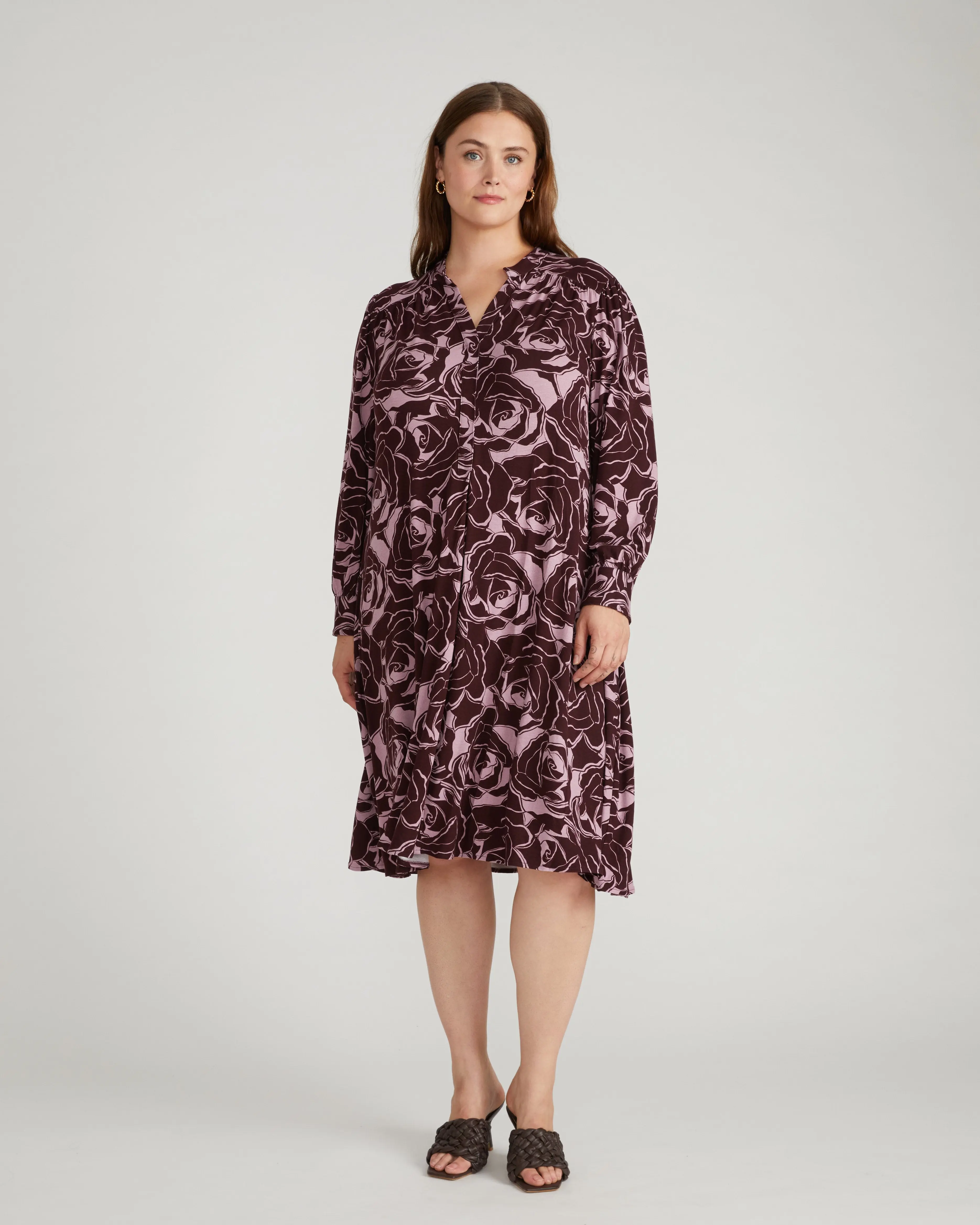 Women's Rose Print Popover Dress - Soft Liquid Jersey, Flowy Casual Style, Band Collar V-Neckline, Shoulder Gathering, Soft Draping, Casual Wear, Floral, Going Out Occasions, Popover Style, Gathering From Shoulders, Collared Neck