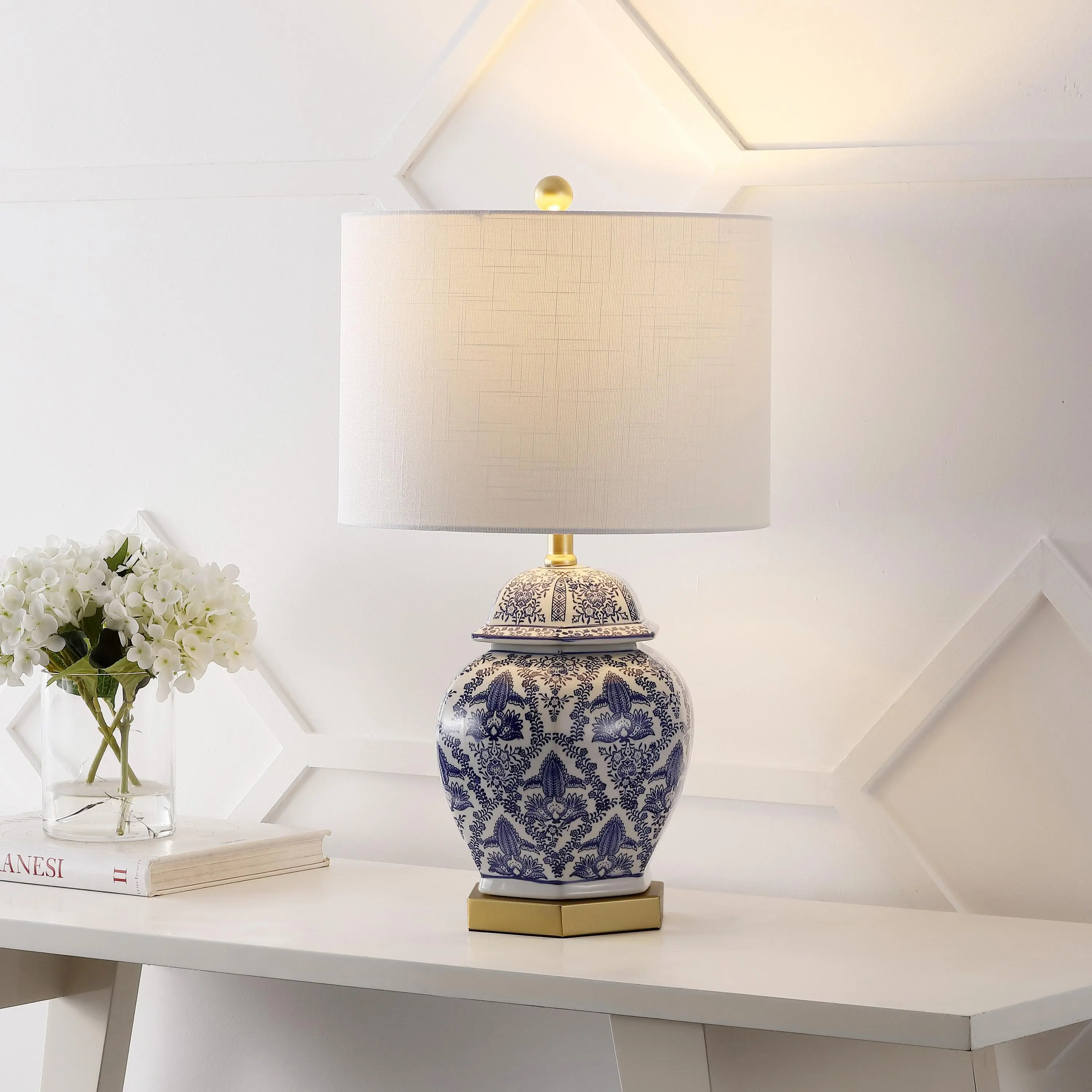 JONATHAN Y Gretchen 25" Ginger Jar Ceramic LED Table Lamp, Blue/White | Chinoiserie Traditional Style, Gold Metal Base, Linen Shade, Rotary Switch, UL Listed, Bulb Included