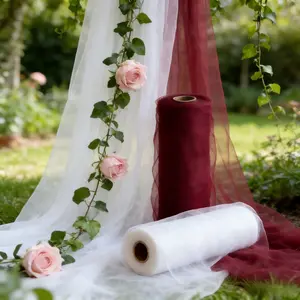 One roll of burgundy and white small roll mesh, size: 12.6*1969 inches, suitable for various wedding venue decorations, holiday party decorations, decorative arches/chair back ribbons/stage backdrops.