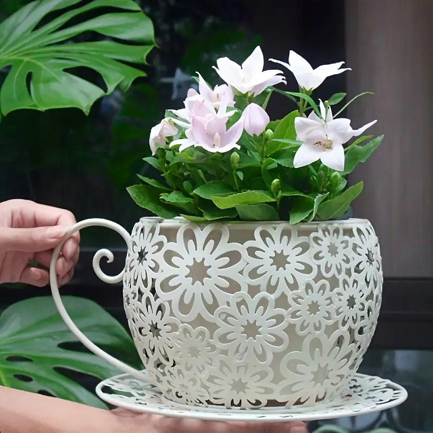 Rustic American Vintage Style Metal Coffee Cup Planter - Hollow Out Floral Design Lightweight Indoor Outdoor Farmhouse Decorative Iron Planter, Antique Handmade Garden Pot with Classic Aesthetic Plant Stand, Planters For Outside, Indoor Planter Pots