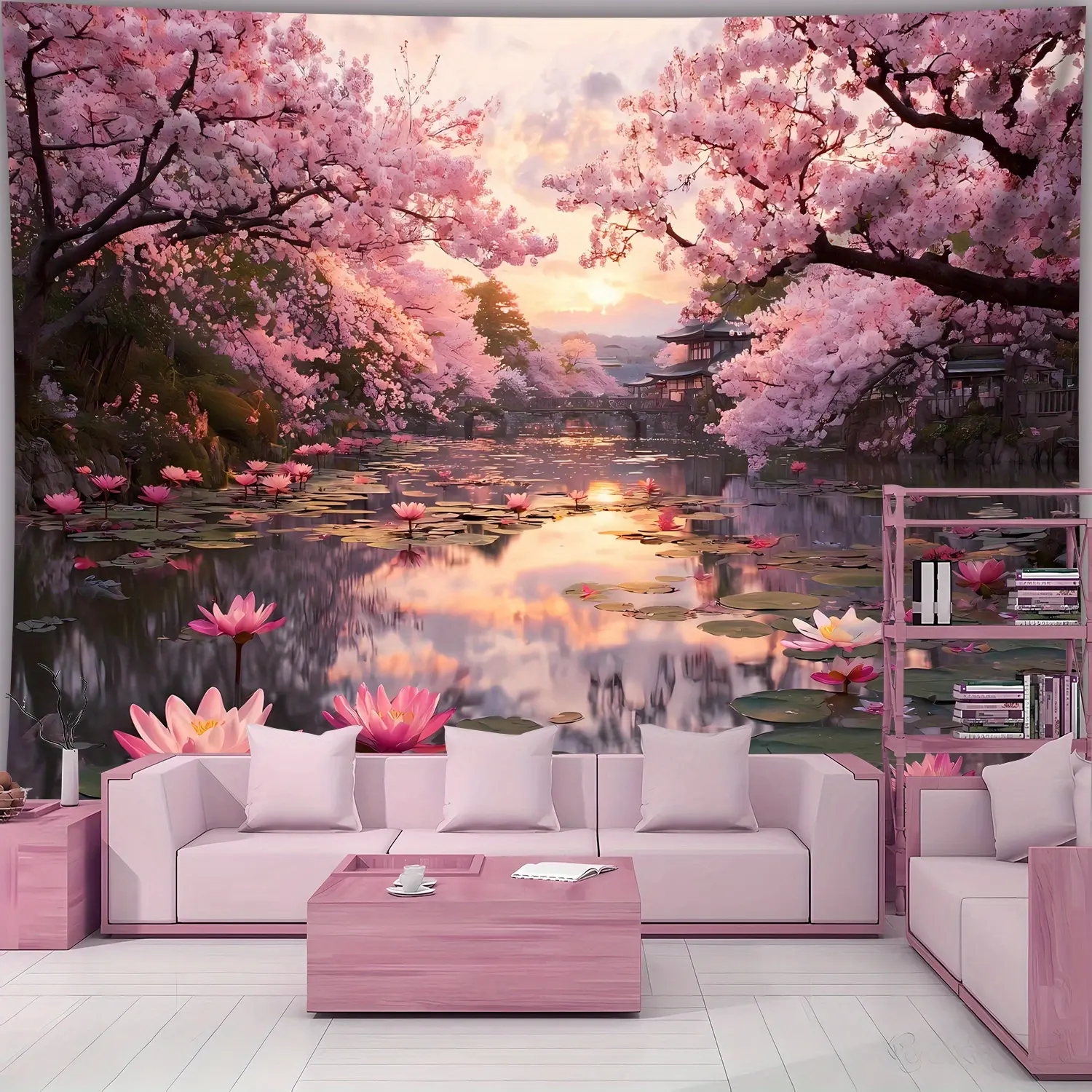 Japanese Cherry Blossom Lake Landscape Tapestry - Large Digital Print Wall Hanging with Pink Sakura & Sunset Design, Polyester Fabric for Living Room, Bedroom, Office, Party Decor - No Electricity Needed, Easy to Hang, Cherry Blossom Decor, Tree Light