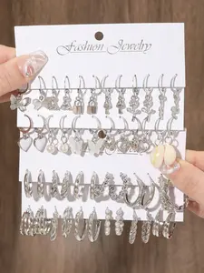 48 Pcs Elegant Artificial Pearl Heart Butterfly Shell Flower Hoop Shape Earrings Set, Silver Color, Casual Style, Perfect for Summer Beach Parties