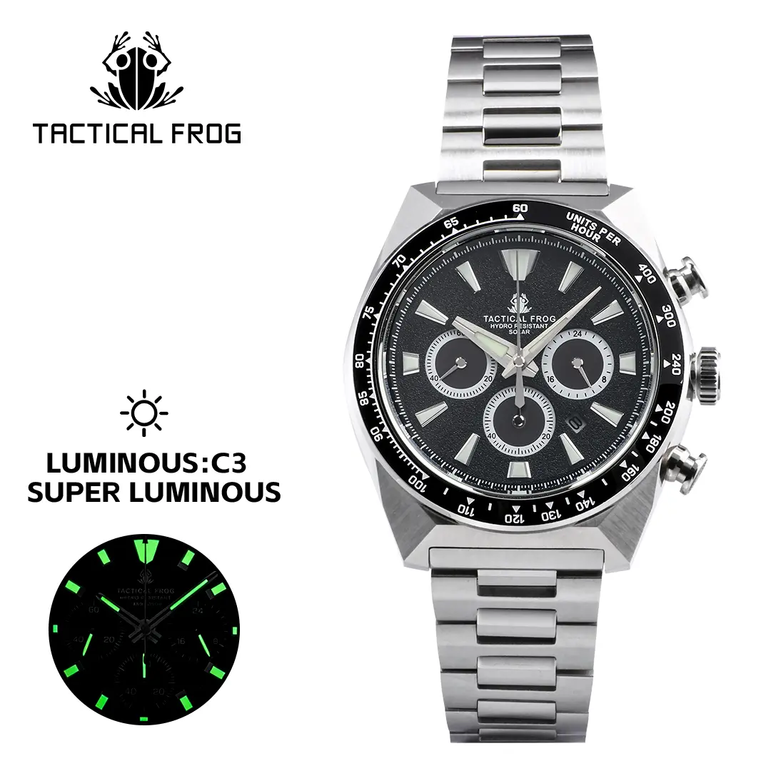 TACTICAL FROG Men's Panda Solar Chronograph - 40mm Modern Waterproof Stainless Steel Wristwatch with a Round Face & Sapphire Crystal, Modern Waterproof Watch, Tactical Sport Watch, Swimming Safe, Analog Display, Steel Strap, Chronograph Wristwatch, 100M -