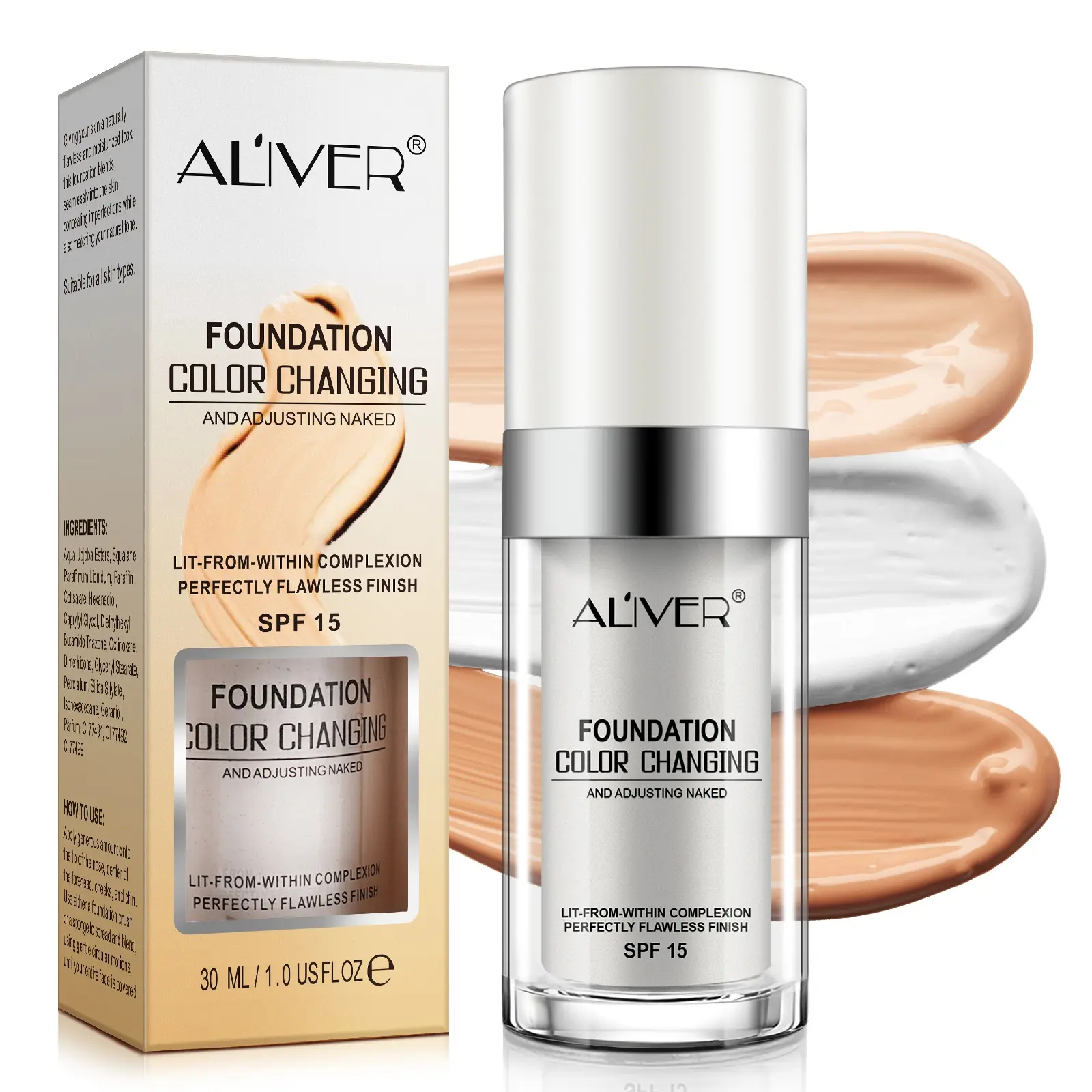 Aliver Color Changing Affordable Moisturizing Makeup Foundation 30ML Cosmetics Products, Hydrating Flawless Coverage, Hydrating Glossy Concealer, Natural Skin Tone, Long Lasting Matte Finish, Suitable for Fair Skin
