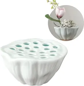 Lotus Pod Flower Arrangement Vase Ceramic Flower Vase Kenzan (Light Cyan)