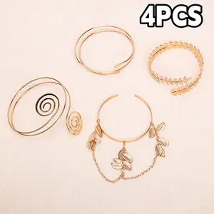 Women's 4pcs Minimalist Geometric Shapes Metal Arm Cuff Jewelry, Adjustable Size with Easy Fit, Stylish Versatile for Everyday Wear & Gifting (Fake Piercing Style) - Sports & Outdoor Accessory