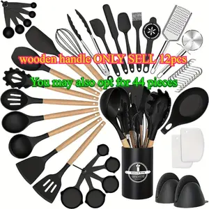 44 Piece Silicone Kitchen Utensil Set with Wooden Handles, Heat Resistant Non-Stick Cooking Tools, Includes Knives and Storage Buckets, Silicone Spatula Set, Silicone Cooking Spoon, Kitchen Utensils Set