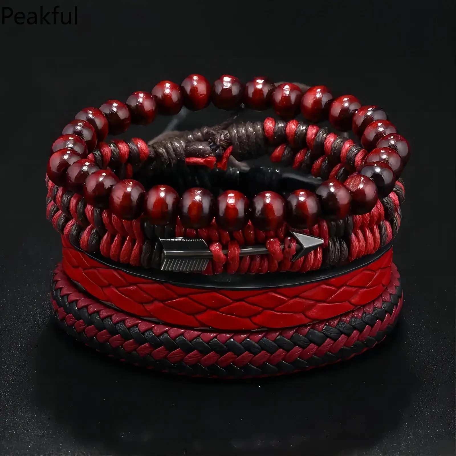 Vintage Style Red Cupid's Arrow Leather Bracelet Set (Unisex) - Multi-Layer Braided Wristbands