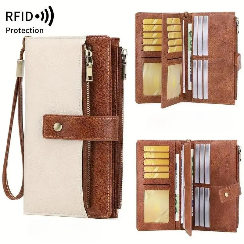 Elegant Solid Color Women Long Leather Wallet, RFID Blocking Anti-theft Purse With Wrist Strap, Zipper Pocket Multi Card Slots Slim Bi-fold Tri-fold Clutch, Large Capacity Daily Wallet Ideal Holiday Gift For Ladies Students