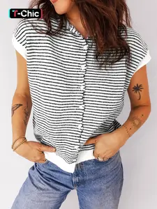 Hotapei Casual Striped Colorblock Button Knit Cardigan, Daily Wear, Long Sleeve, Hooded Design, Loose Fit, Women's Fashion Outerwear