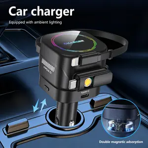 W&O 4-in-1 Retractable Car Charger Competible with 120W, USB-C Fast Charging Adapter with E-Lighter，Fast Charger for iPhone, Samsung, Google & Android Smartphones