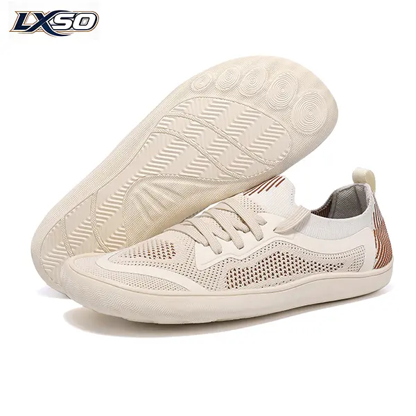 Lxso Unisex Minimalist Barefoot Knit Sneakers - Wide Toe Box, Zero Drop, Breathable Hollow Mesh, Arch Support Orthopedic Casual Daily Walking Office Trainers for Men & Women Apricot