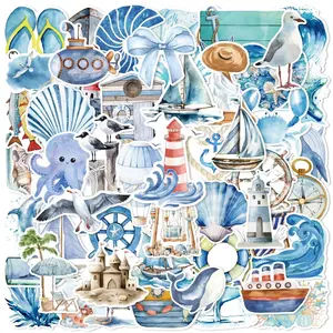 Ocean Themed Sticker, 50pcs/set Waterproof Self Adhesive Decor Paper, Decor Sticker for Gift Greeting Card Water Bottle Laptop Phone Decorative Stickers
