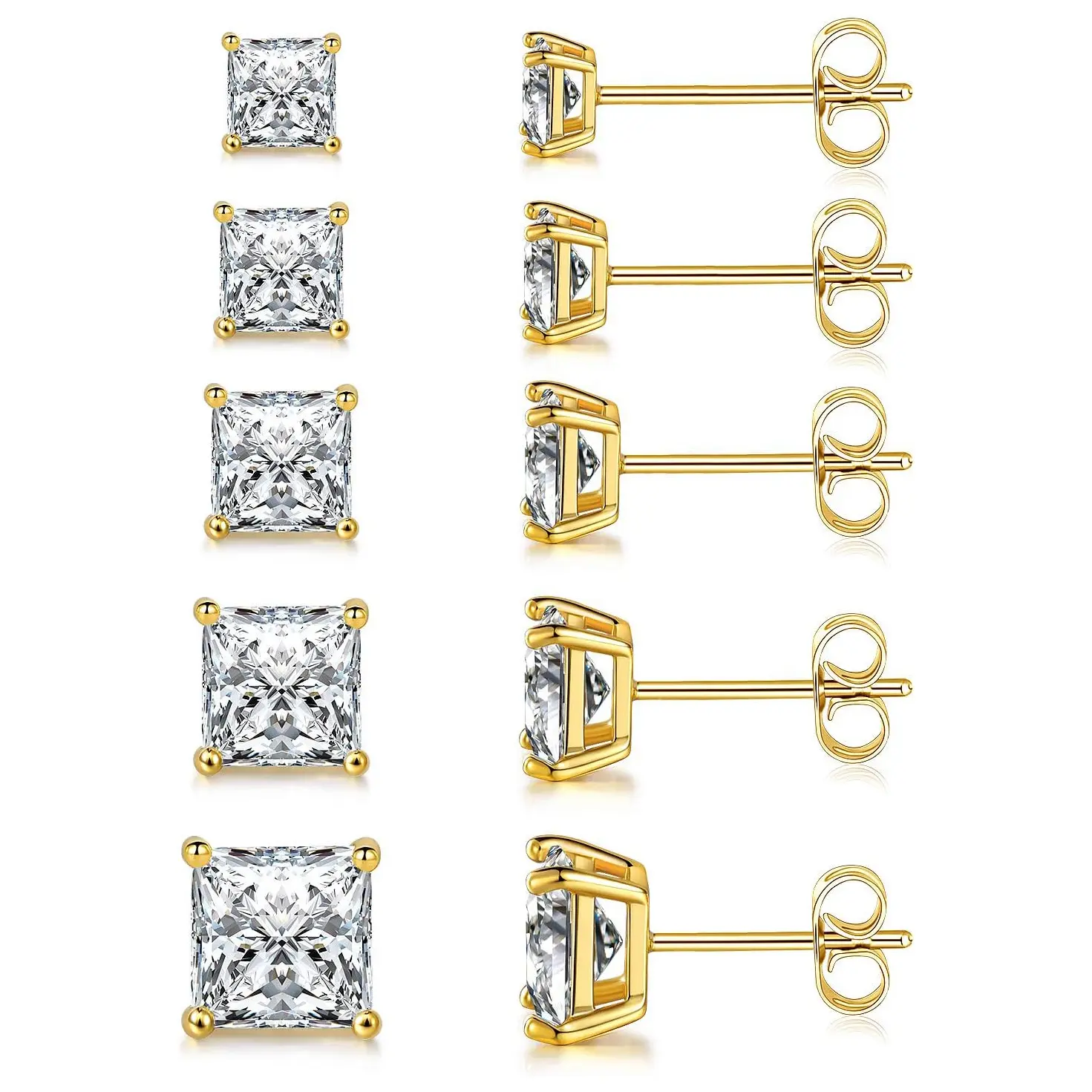 MDFUN Iced Out Princess Cut Stud Earrings Set, 5 Pairs Cubic Zirconia Earrings for Women & Men, Hypoallergenic Daily Wear Jewelry