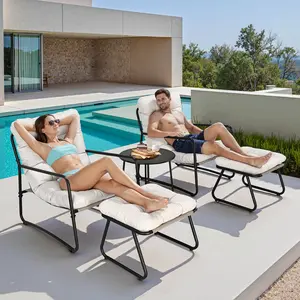 SeeHill 5-Piece Patio Set with 2 Chairs, 2 Ottomans and A Side Table, All-weather Indoor & Outdoor Lounge Chair Set，Lawn seats and Beach Set for Garden, Reading Nook, Porch, Living Room, Balcony, Off White & Gray outdoorfun