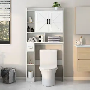 Over The Toilet Storage Cabinet, Farmhouse Storage Cabinet Over Toilet with 2 Barn Door & Toilet Paper Holder Stand, Home Space-Saving Rack, for Bathroom, Restroom (White).