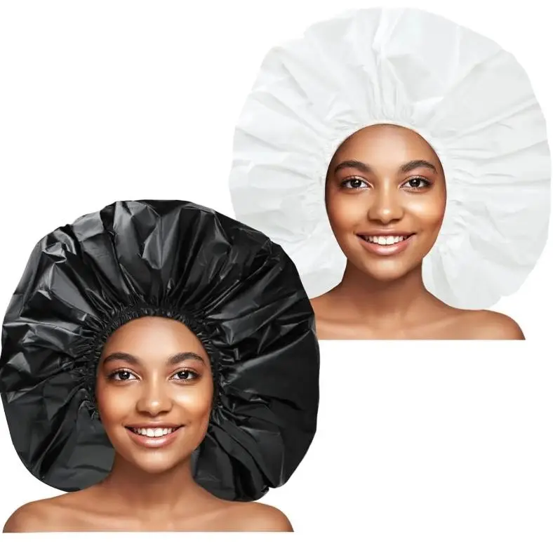 Women's Jumbo Shower Caps 2-Pack, Solid Color PEVA Bath Cap for Long & Curly Hair, Reusable with No-Mark Elastic for Spa Use, Cover, Set, Water Proof, Cooking