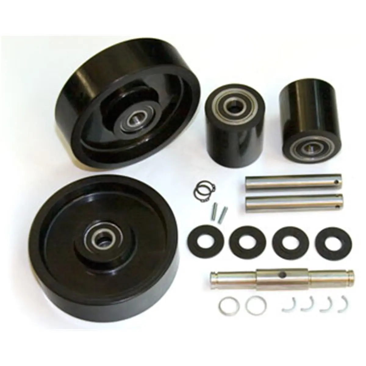 CJ55 Complete Polyurethane Wheel Set for Manual Pallet Jacks - Black, 12 lbs, 2 Load Wheel Assemblies, 70d Bearings, Included Axles, Pre-Assembled, Cost-Effective Complete Kit, Includes Bearings