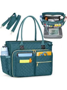 Women's Solid Color Quilted Tote Bag, Large Capacity Bag, Professional Computer Messenger Bag with Insulated Pocket, Briefcase for Office, College, Nurse, Office Work Bag