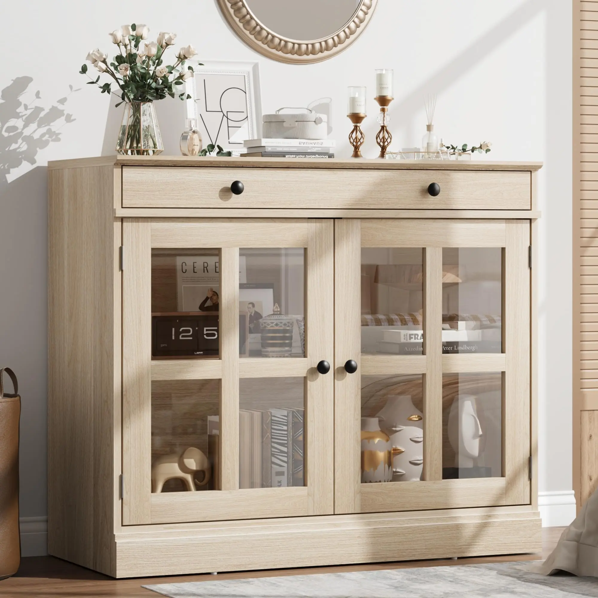 Modern Glass Door Sideboard Buffet Cabinet, Drawers, Adjustable Shelf, Versatile Entryway Storage for Kitchen, Dining Room, Living Room